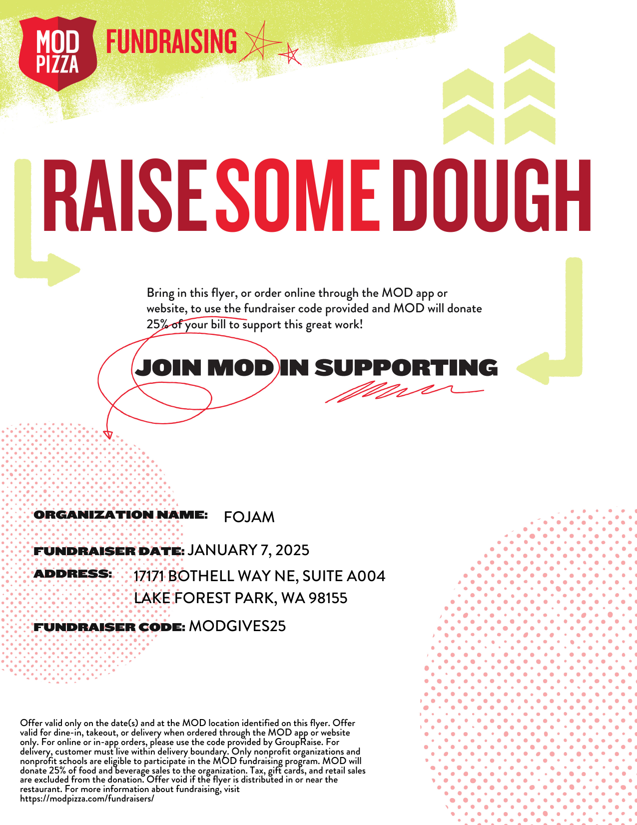 FOJAM MOD Pizza fundraiser